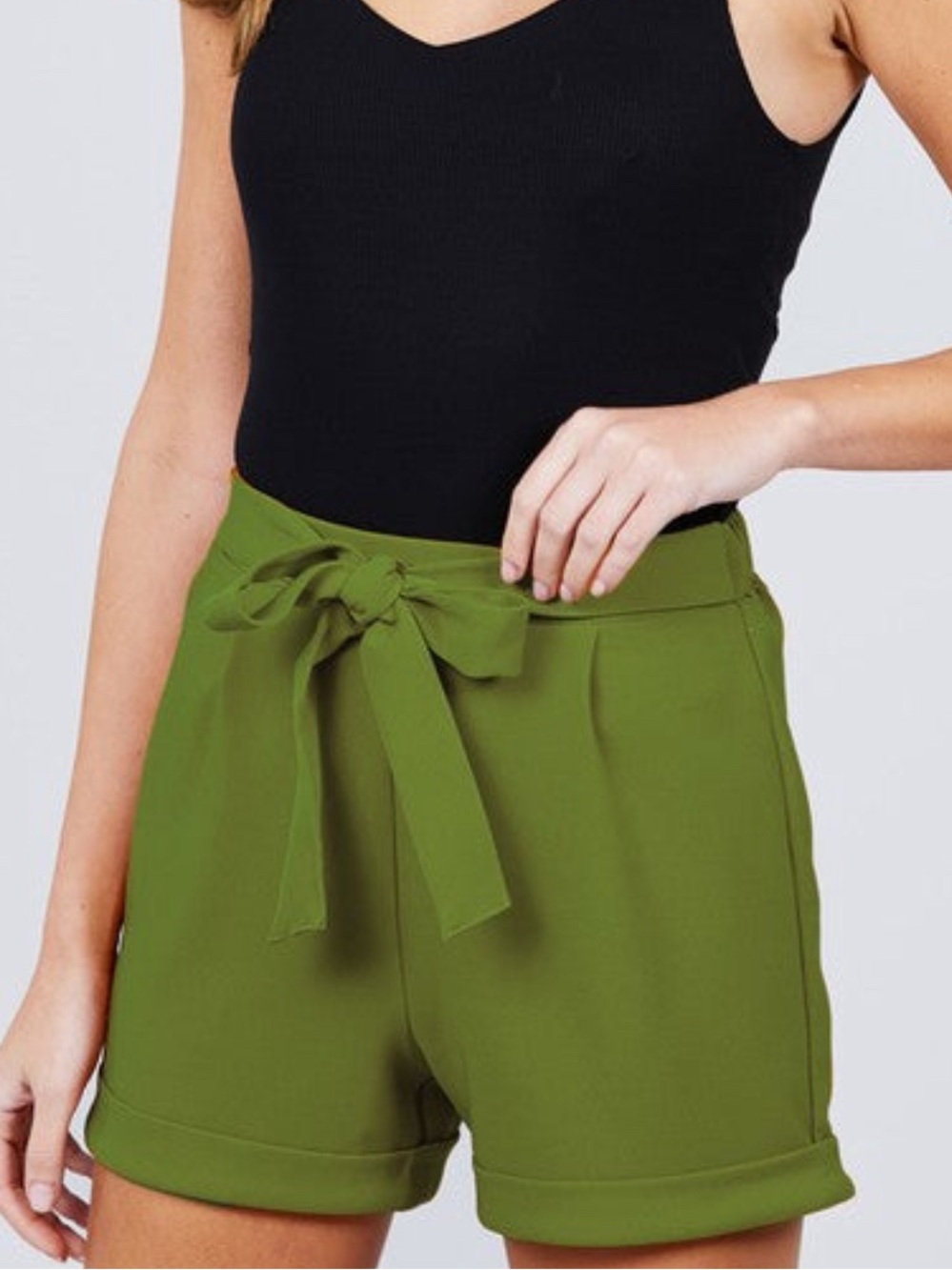 High-Waist Olive Tie-Belt Shorts - Women
